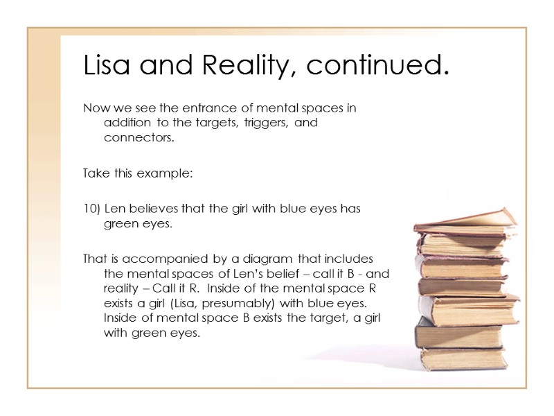 Lisa and Reality, continued. Now we see the entrance of mental spaces in addition